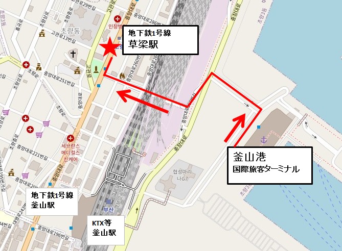 釜山港から草梁駅までの地図